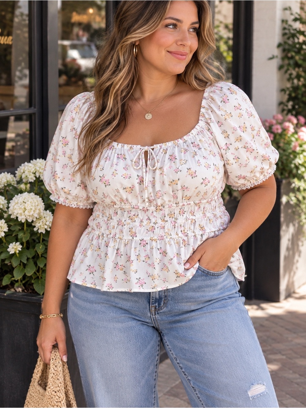 Celebrity Pink Cream Floral Smocked Peplum Blouse